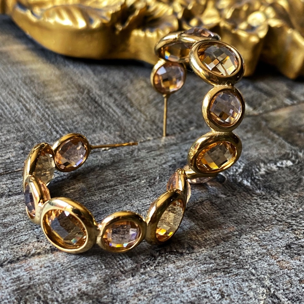 NEW Gold & Amber Stones Chunky Hoop Earrings